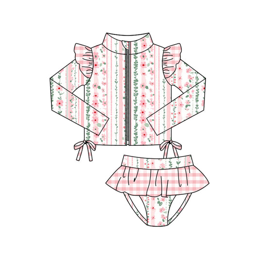 MOQ 5 PCS Preorder S0606 Flower Leaf Stripe Pink Plaid Ruffle Zipper Long Sleeve Top Briefs Girls Swimsuits 202511