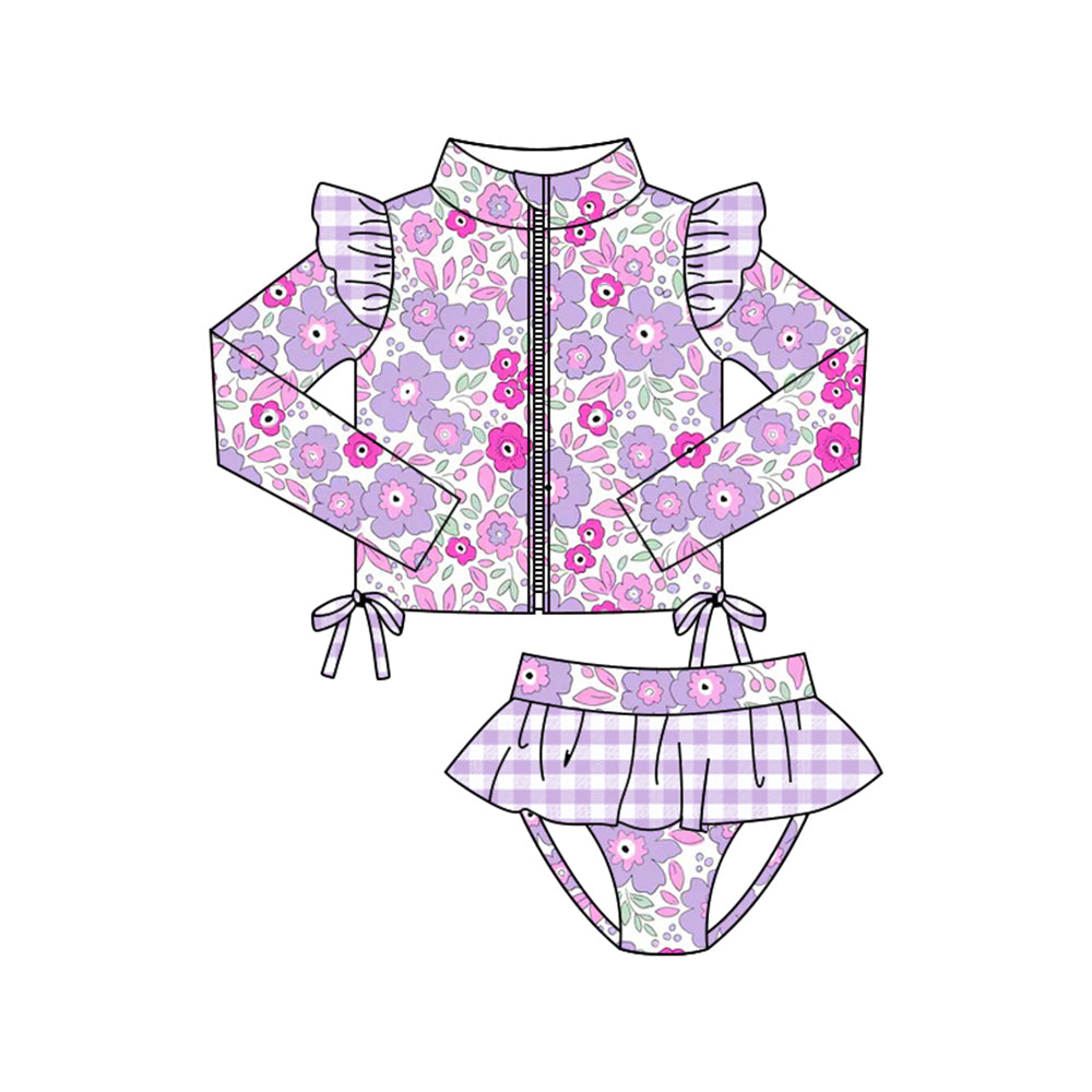 MOQ 5 PCS Preorder S0607 Flower Leaf Stripe Purple Plaid Ruffle Zipper Long Sleeve Top Briefs Girls Swimsuits 202511