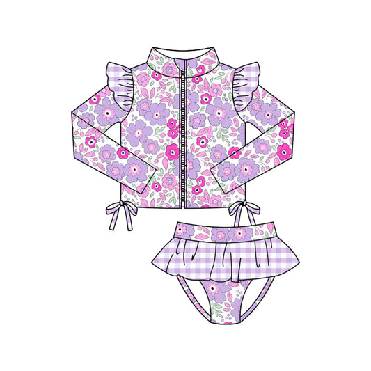 MOQ 5 PCS Preorder S0607 Flower Leaf Stripe Purple Plaid Ruffle Zipper Long Sleeve Top Briefs Girls Swimsuits 202511