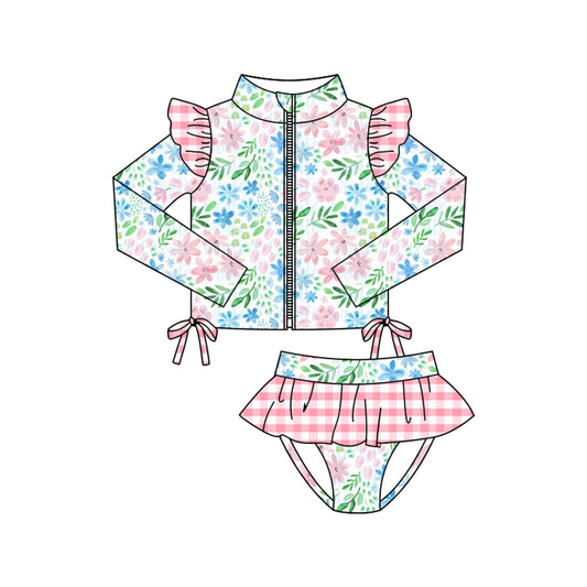 MOQ 5 PCS Preorder S0608 Pink Blue Flower Green Leaf Ruffle Zipper Long Sleeve Top Briefs Girls Swimsuits 202511