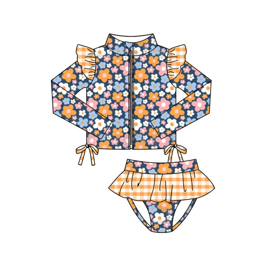 MOQ 5 PCS Preorder S0609 Colored Flower Orange Plaid Ruffle Zipper Long Sleeve Top Briefs Girls Swimsuits 202511