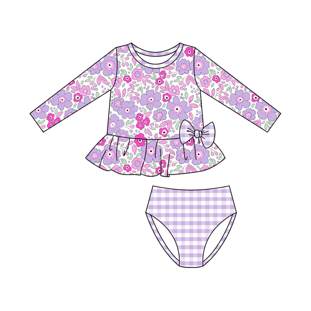 MOQ 5 PCS Preorder S0611 Flower Leaf Stripe Purple Bow Long Sleeve Top Plaid Briefs Girls Swimsuits 202511