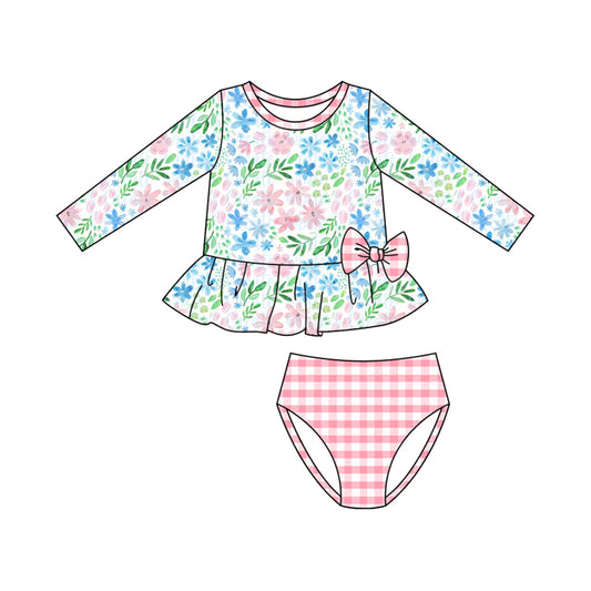 MOQ 5 PCS Preorder S0612 Pink Blue Flower Green Leaf Bow Long Sleeve Top Plaid Briefs Girls Swimsuits 202511