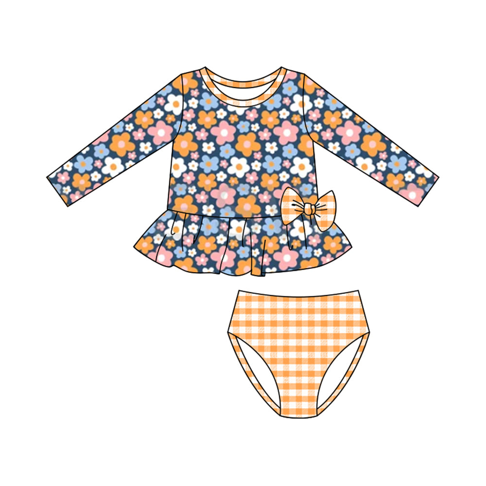 MOQ 5 PCS Preorder S0613 Colored Flower Orange Bow Long Sleeve Top Plaid Briefs Girls Swimsuits 202511