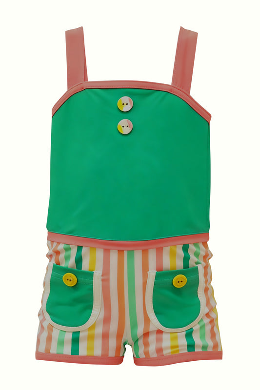 MOQ 5 PCS Preorder S0614 Pocket-Colored Stripe Green Sleeveless Girls Swim Jumpsuits Swimsuits 202511