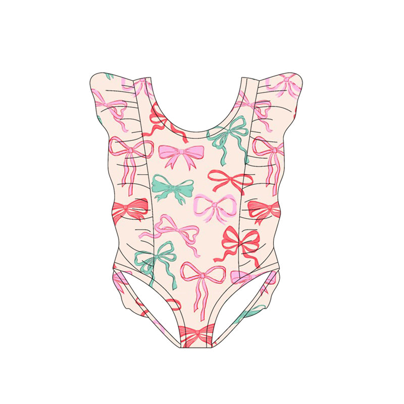 MOQ 5 PCS Preorder S0619 Colored Bows Ruffle Flying Sleeve Beige Pink Girls Swim Jumpsuits Swimsuits 202511