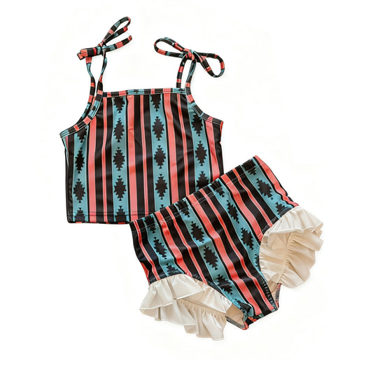 MOQ 5 PCS Preorder S0624 Geometric Stripe Sleeveless Bubble Bummies Sets Girls Swim Jumpsuits Swimsuits 202511