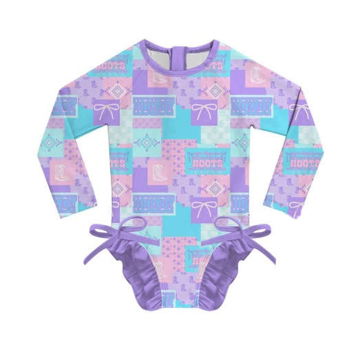 MOQ 5 PCS Preorder S0628 Cowgirl Boots Bows Plaid Purple Long Sleeve Girls Swim Jumpsuits Swimsuits 202511