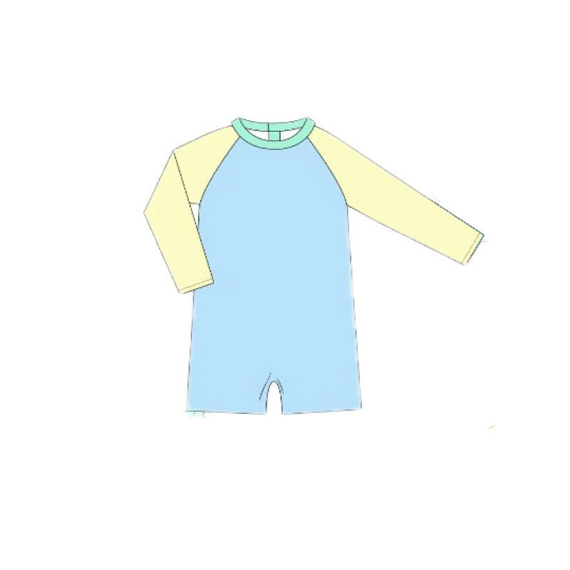 MOQ 5 PCS Preorder S0635 Solid Yellow Blue Green Blocked Long Sleeve Romper Boys Swim Swimsuits 202511