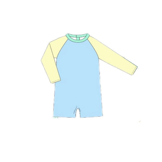 MOQ 5 PCS Preorder S0635 Solid Yellow Blue Green Blocked Long Sleeve Romper Boys Swim Swimsuits 202511