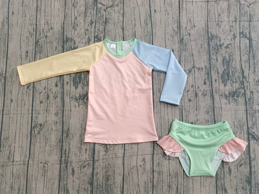 NO MOQ Preorder S0637 Solid Yellow Pink Blue Green Blocked Ruffle Long Sleeve Bummies Girls Swim Sets Swimsuits 202601
