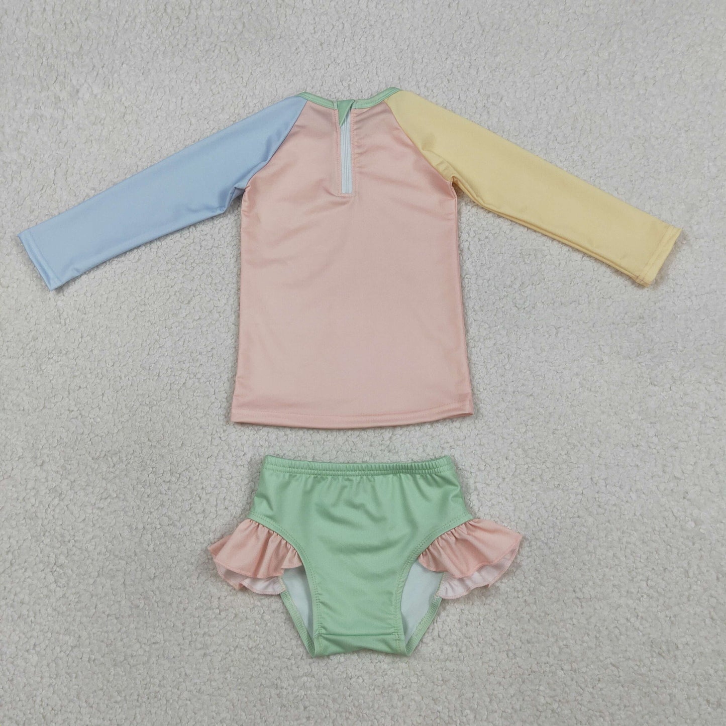 S0637 Solid Yellow Pink Blue Green Blocked Ruffle Long Sleeve Bummies Girls Swim Sets Swimsuits 202603 RTS