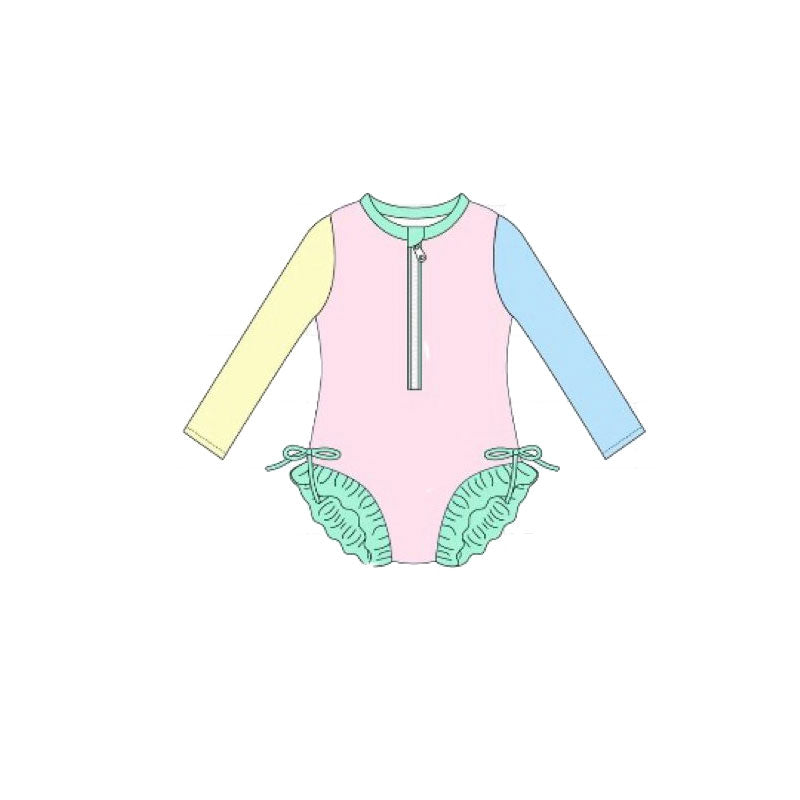 MOQ 5 PCS Preorder S0638 Solid Yellow Pink Blue Green Blocked Ruffle Long Sleeve Bubble Romper Girls Swim Swimsuits 202511