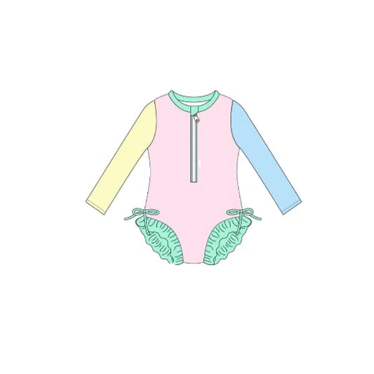 MOQ 5 PCS Preorder S0638 Solid Yellow Pink Blue Green Blocked Ruffle Long Sleeve Bubble Romper Girls Swim Swimsuits 202511