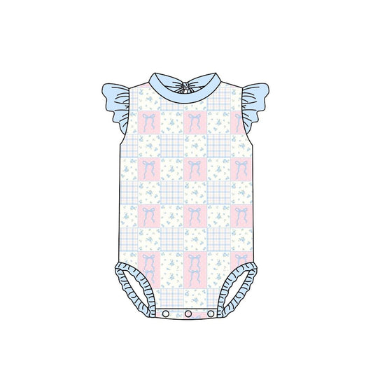 MOQ 5 PCS Preorder S0640 Bows Floral Plaid Blue Flying Sleeve Bubble Romper Girls Swim Swimsuits 202511