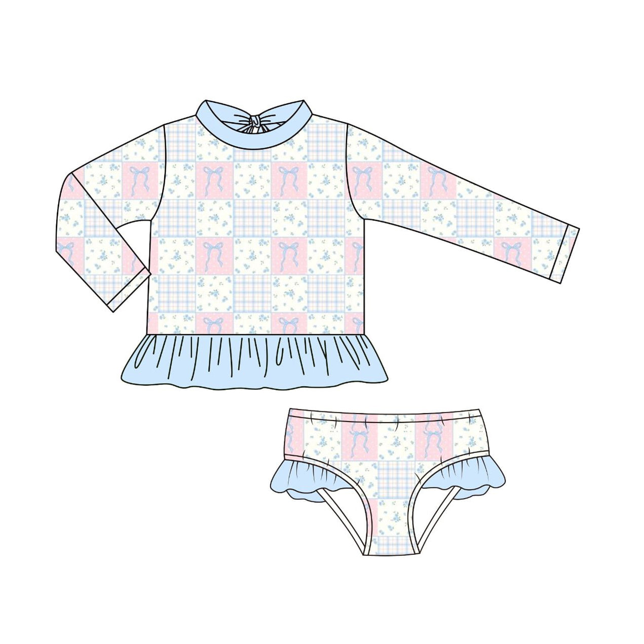 MOQ 5 PCS Preorder S0642 Bows Floral Plaid Blue Long Sleeve Bubble Bummies Girls Swim Sets Swimsuits 202511