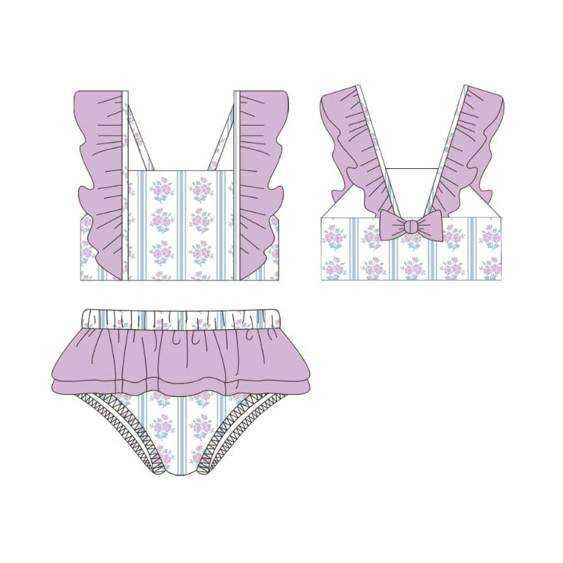 MOQ 5 PCS Preorder S0644 Floral Purple Ruffle Sleeveless Bubble Bummies Girls Swim Sets Swimsuits 202511