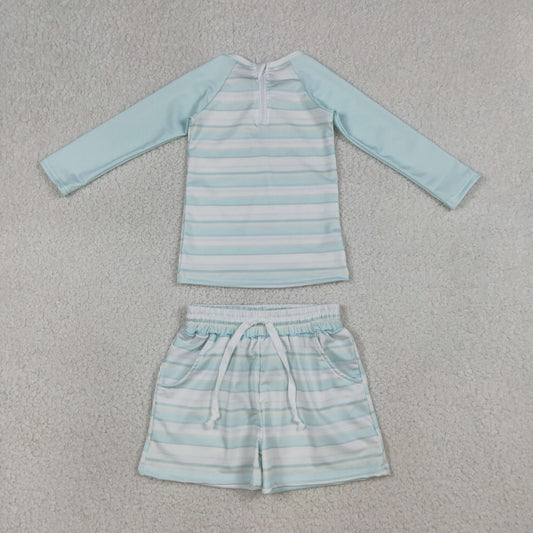 S0649 Colored Stripe Blue Green Long Sleeve Shorts Boys Swim Sets Swimsuits 202603 RTS