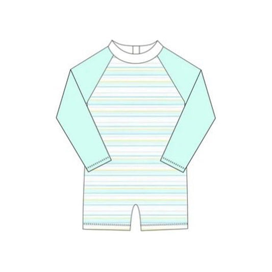 MOQ 5 PCS Preorder S0650 Colored Stripe Blue Green Long Sleeve Romper Boys Swim Swimsuits 202511