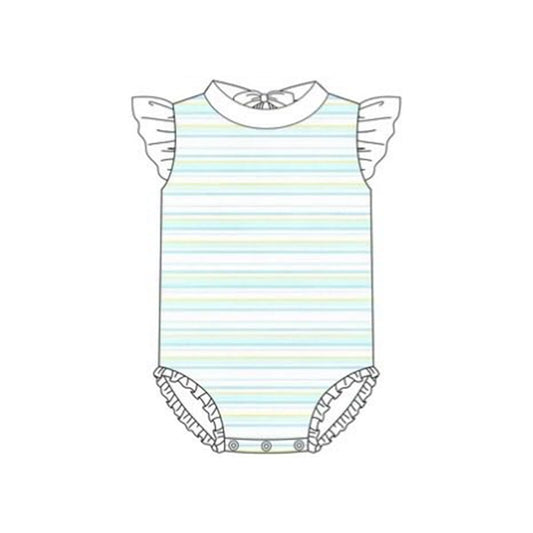 MOQ 5 PCS Preorder S0651 Blue Green Stripe White Flying Sleeve Bubble Romper Girls Swim Swimsuits 202511