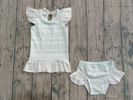 NO MOQ Preorder S0652 Blue Green Stripe White Flying Sleeve Bubble Bummies Girls Swim Sets Swimsuits 202601