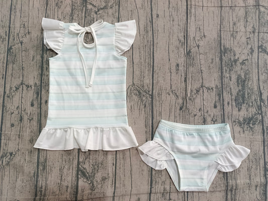 NO MOQ Preorder S0652 Blue Green Stripe White Flying Sleeve Bubble Bummies Girls Swim Sets Swimsuits 202601