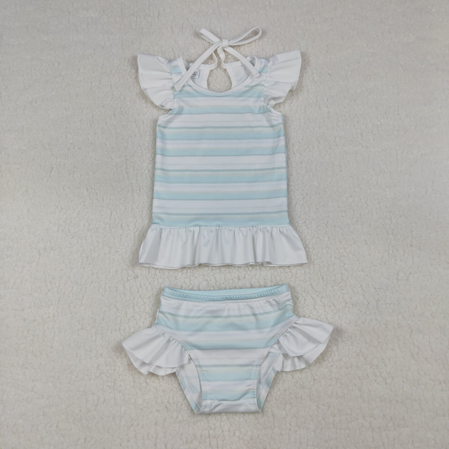 S0652 Blue Green Stripe White Flying Sleeve Bubble Bummies Girls Swim Sets Swimsuits 202604 RTS