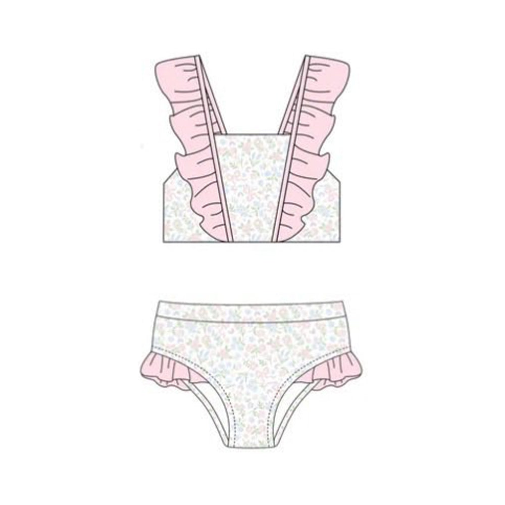 MOQ 5 PCS Preorder S0653 Floral Pink Ruffle Sleeveless Bubble Bummies Girls Swim Sets Swimsuits 202511