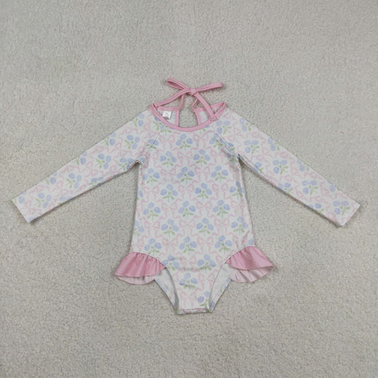 S0655 Flower Bows Long Sleeve Bubble Romper Girls Swim Swimsuits 202605 RTS