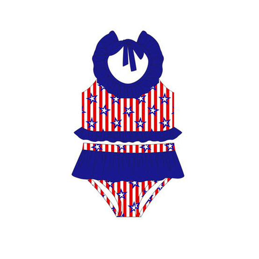 MOQ 5 PCS Preorder S0659 4th of July Star Stripe Blue Ruffle Halter Bubble Romper Girls Swim Swimsuits 202511