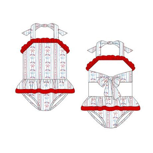 MOQ 5 PCS Preorder S0666 4th of July Flag Bows Stripe Red Ruffle Halter Bubble Romper Girls Swim Swimsuits 202511