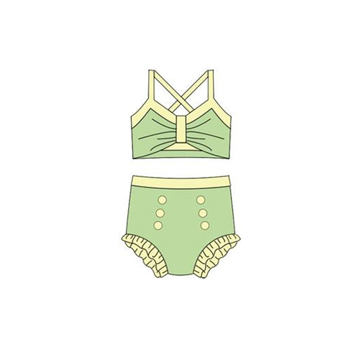 MOQ 5 PCS Preorder S0667 Yellow Green Halter Top with Bubble Bummies Girls Swim Sets Swimsuits 202512