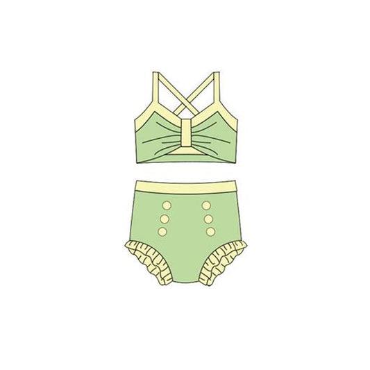 MOQ 5 PCS Preorder S0667 Yellow Green Halter Top with Bubble Bummies Girls Swim Sets Swimsuits 202512