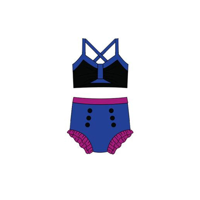 MOQ 5 PCS Preorder S0668 Blue Purple Halter Top with Bubble Bummies Girls Swim Sets Swimsuits 202512