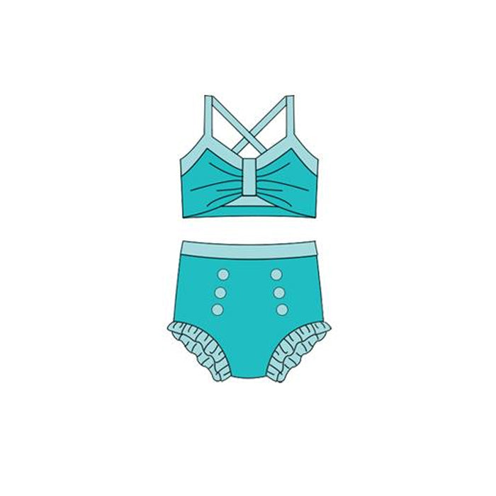 MOQ 5 PCS Preorder S0669 Blue Green Halter Top with Bubble Bummies Girls Swim Sets Swimsuits 202512