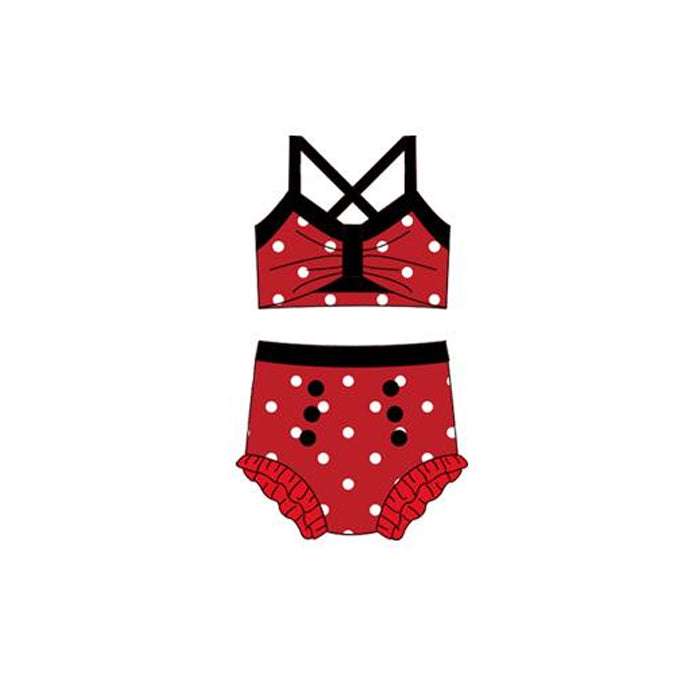MOQ 5 PCS Preorder S0671 Dots Red Black Halter Top with Bubble Bummies Girls Swim Sets Swimsuits 202512