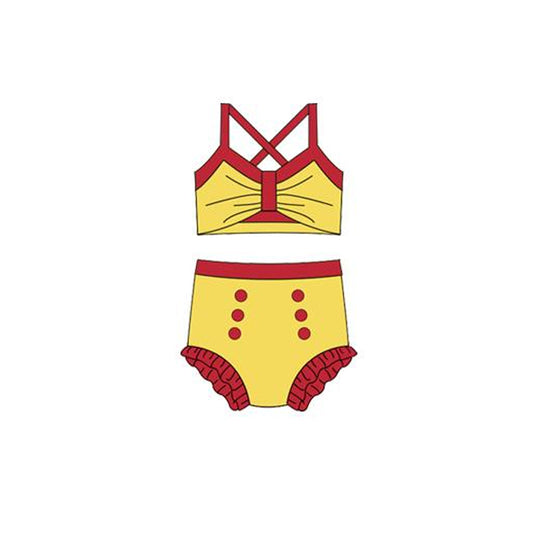 MOQ 5 PCS Preorder S0672 Red Yellow Halter Top with Bubble Bummies Girls Swim Sets Swimsuits 202512