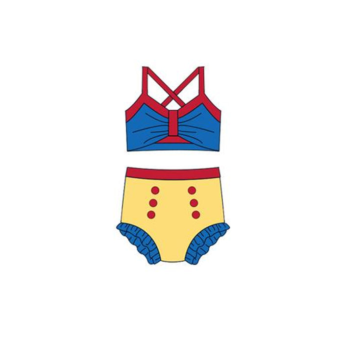MOQ 5 PCS Preorder S0673 Red Yellow Blue Color-Blocked Halter Top with Bubble Bummies Girls Swim Sets Swimsuits 202512