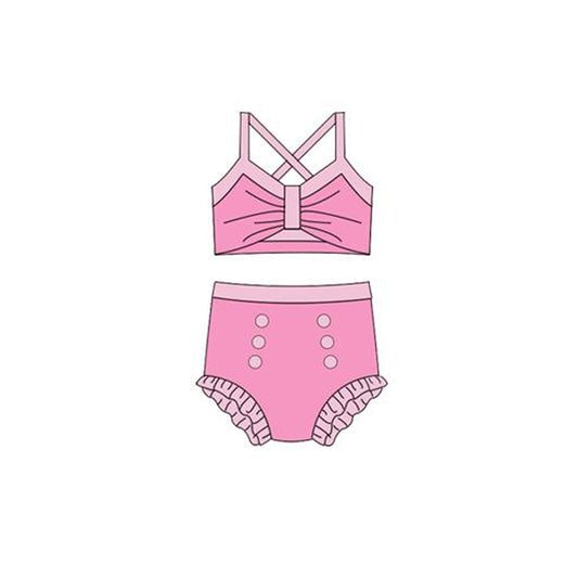 MOQ 5 PCS Preorder S0674 Pink Halter Top with Bubble Bummies Girls Swim Sets Swimsuits 202512