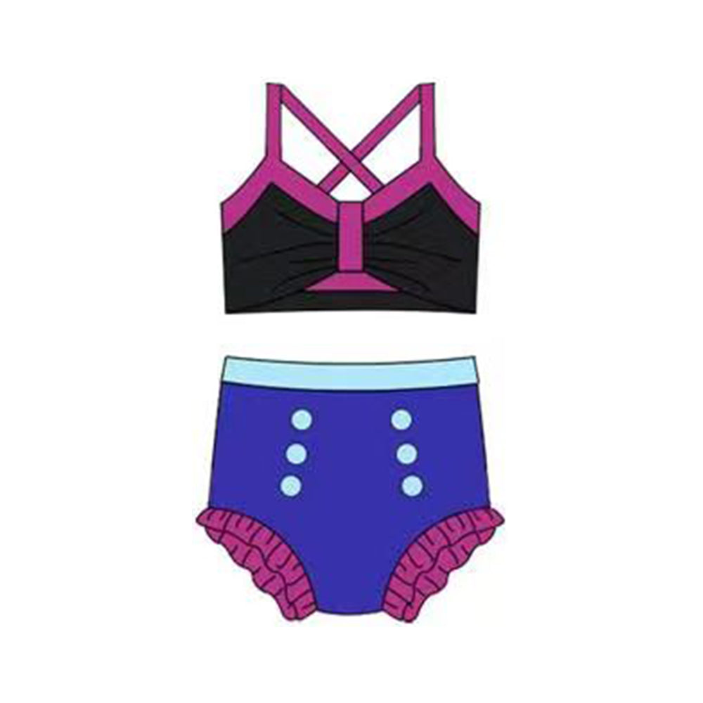 MOQ 5 PCS Preorder S0676 Purple Black Blue Color-Blocked Halter Top with Bubble Bummies Girls Swim Sets Swimsuits 202512
