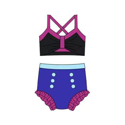MOQ 5 PCS Preorder S0676 Purple Black Blue Color-Blocked Halter Top with Bubble Bummies Girls Swim Sets Swimsuits 202512