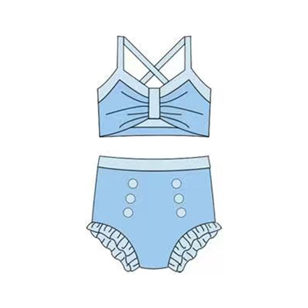 MOQ 5 PCS Preorder S0677 Blue Halter Top with Bubble Bummies Girls Swim Sets Swimsuits 202512