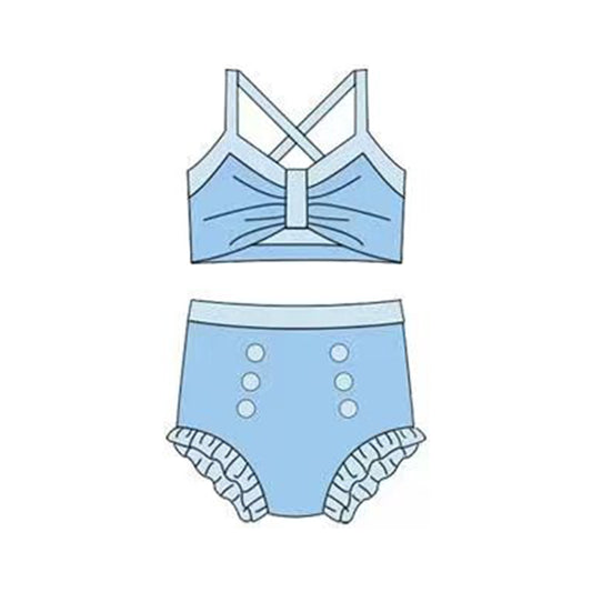 MOQ 5 PCS Preorder S0677 Blue Halter Top with Bubble Bummies Girls Swim Sets Swimsuits 202512