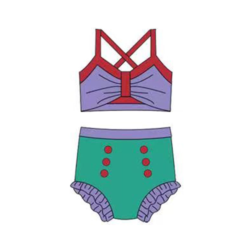 MOQ 5 PCS Preorder S0678 Red Purple Green Color-Blocked Halter Top with Bubble Bummies Girls Swim Sets Swimsuits 202512