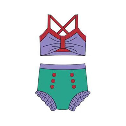 MOQ 5 PCS Preorder S0678 Red Purple Green Color-Blocked Halter Top with Bubble Bummies Girls Swim Sets Swimsuits 202512