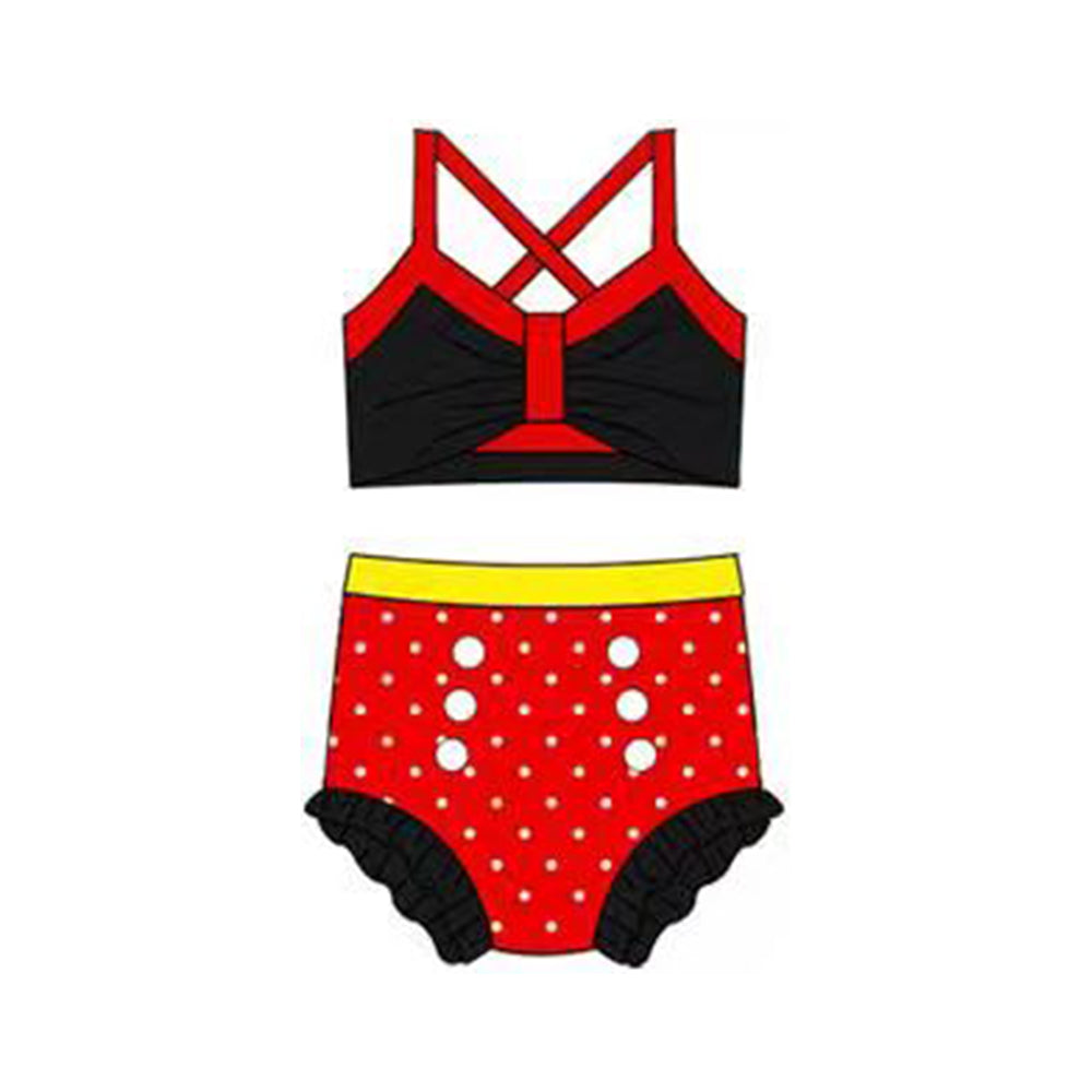 MOQ 5 PCS Preorder S0680 Dots Red Black Yellow Color-Blocked Halter Top with Bubble Bummies Girls Swim Sets Swimsuits 202512