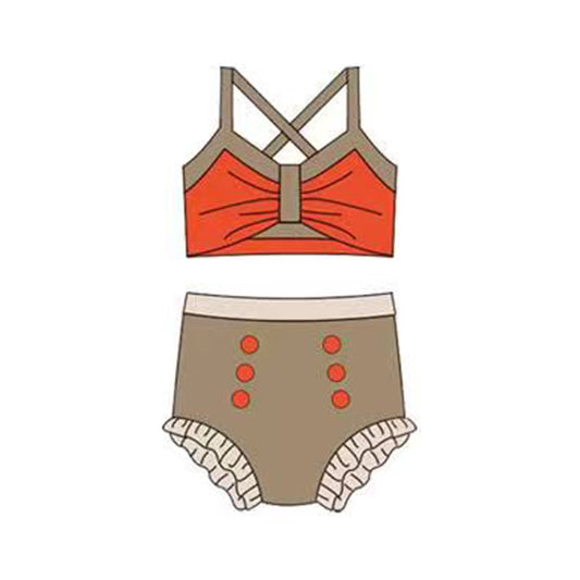 MOQ 5 PCS Preorder S0681 Orange Khaki Color-Blocked Halter Top with Bubble Bummies Girls Swim Sets Swimsuits 202512