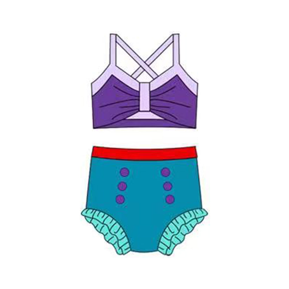 MOQ 5 PCS Preorder S0683 Blue Green Purple Color-Blocked Halter Top with Bubble Bummies Girls Swim Sets Swimsuits 202512