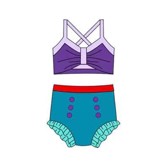 MOQ 5 PCS Preorder S0683 Blue Green Purple Color-Blocked Halter Top with Bubble Bummies Girls Swim Sets Swimsuits 202512