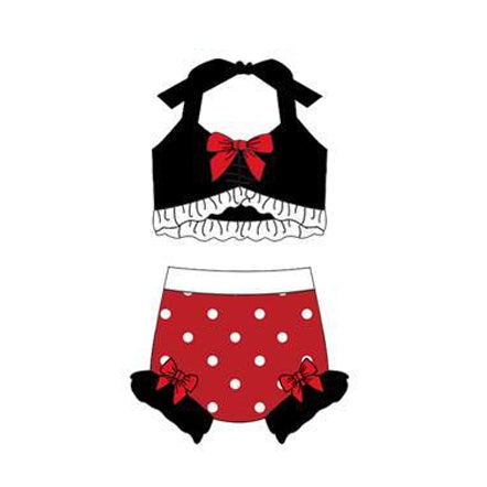 MOQ 5 PCS Preorder S0688 White Dots Black Red Ruffle Bows Color-Blocked Halter Top with Bubble Bummies Girls Swim Sets Swimsuits 202512